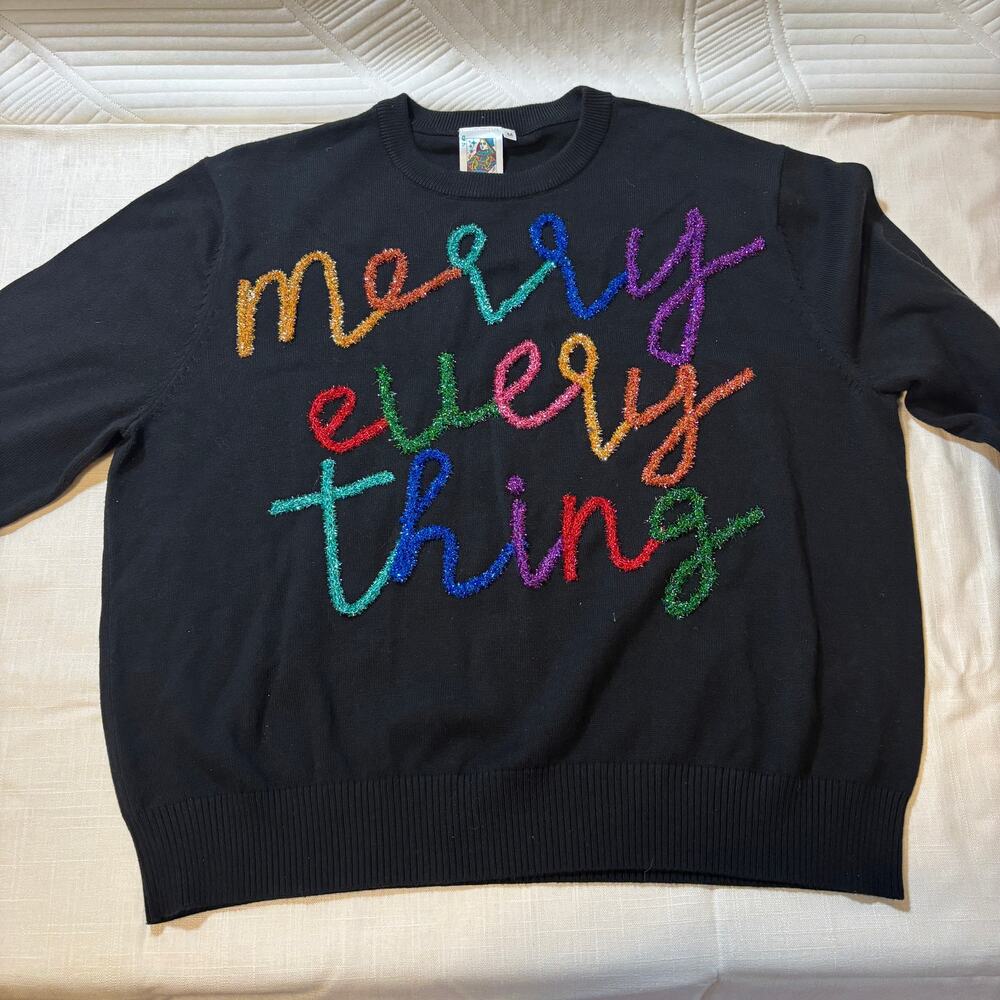 Queen of Sparkles Merry Everything Sweater M Black Rainbow Tinsel Christmas